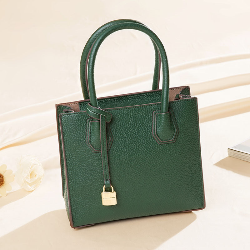 Genuine Leather Tote & Crossbody Handbag with Lock Closure