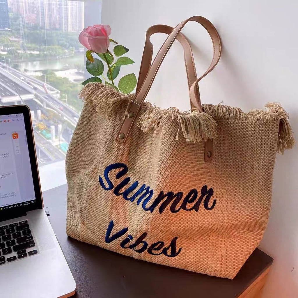 Summer Vibes Beach Tote Bag – Large Tassel Shoulder Bag