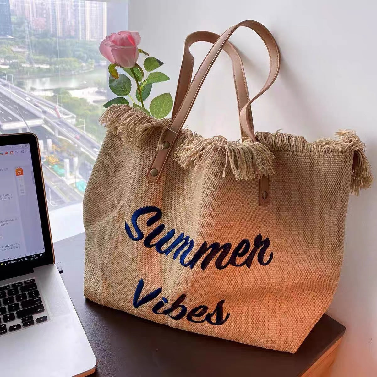 Summer Vibes Beach Tote Bag – Large Tassel Shoulder Bag