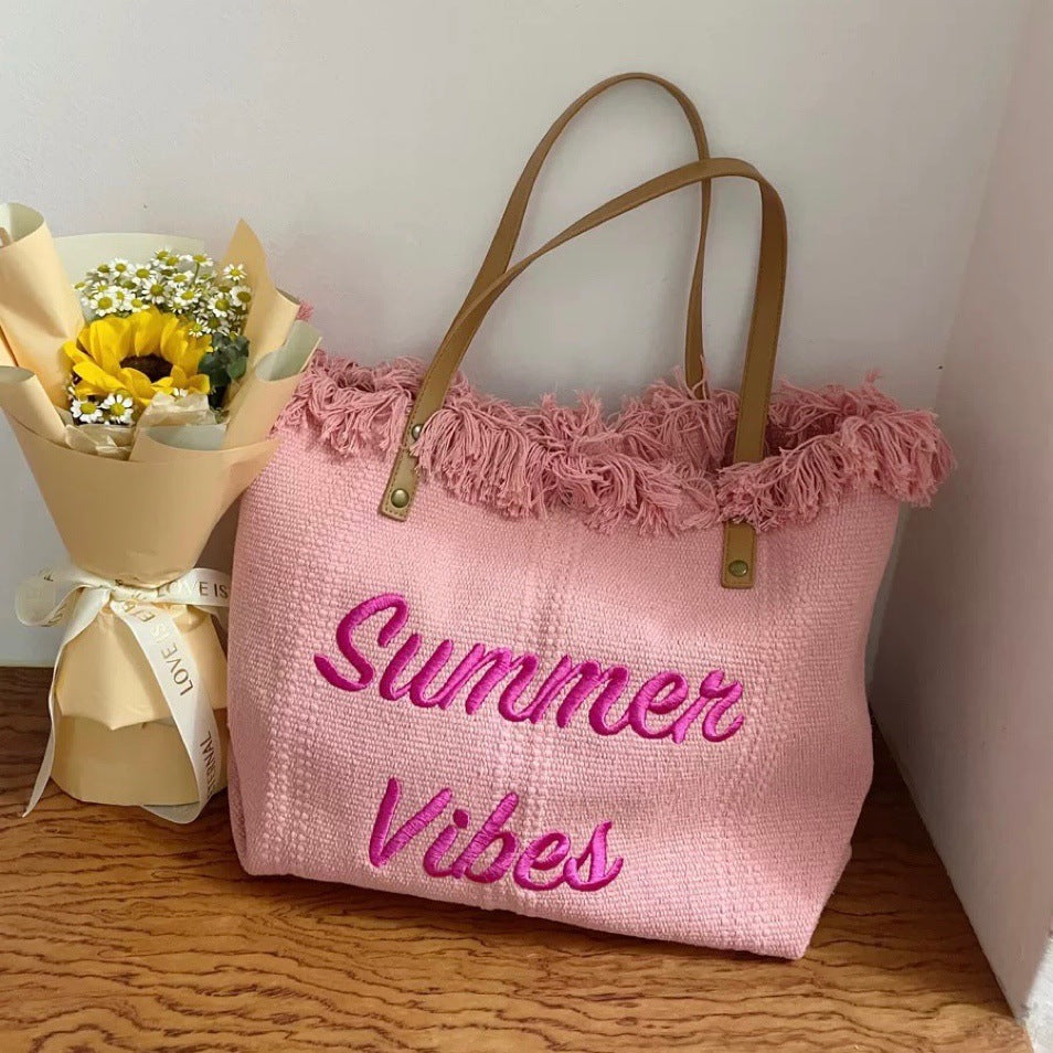 Summer Vibes Beach Tote Bag – Large Tassel Shoulder Bag