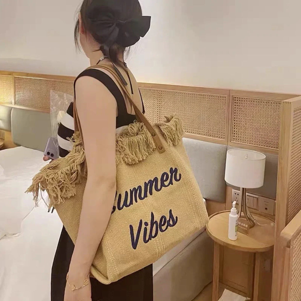 Summer Vibes Beach Tote Bag – Large Tassel Shoulder Bag