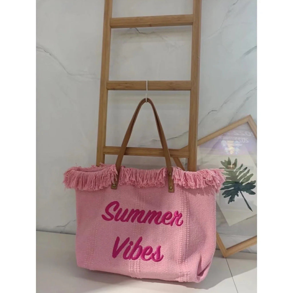 Summer Vibes Beach Tote Bag – Large Tassel Shoulder Bag