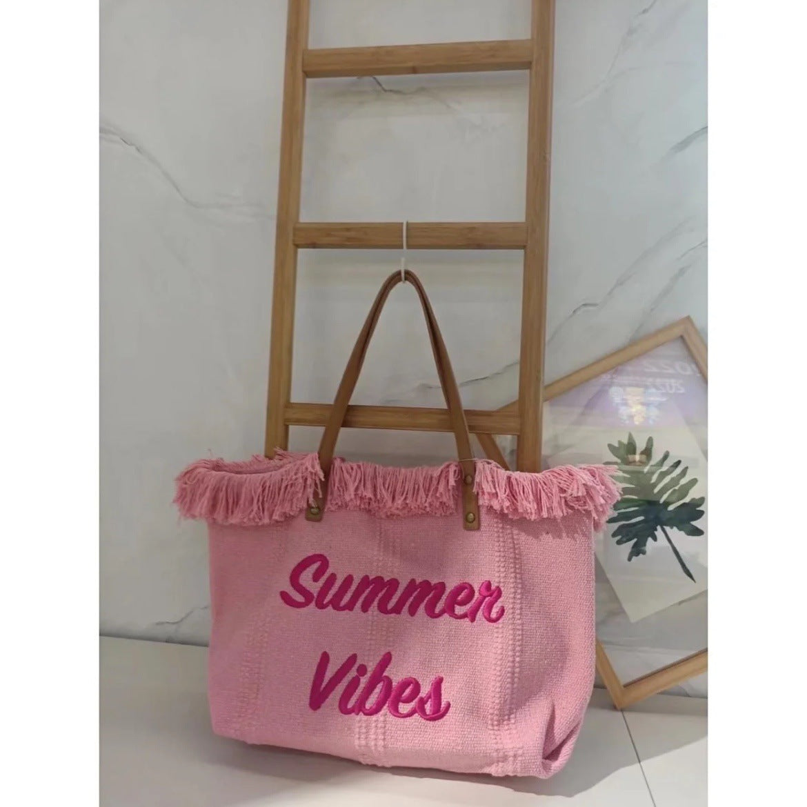 Summer Vibes Beach Tote Bag – Large Tassel Shoulder Bag