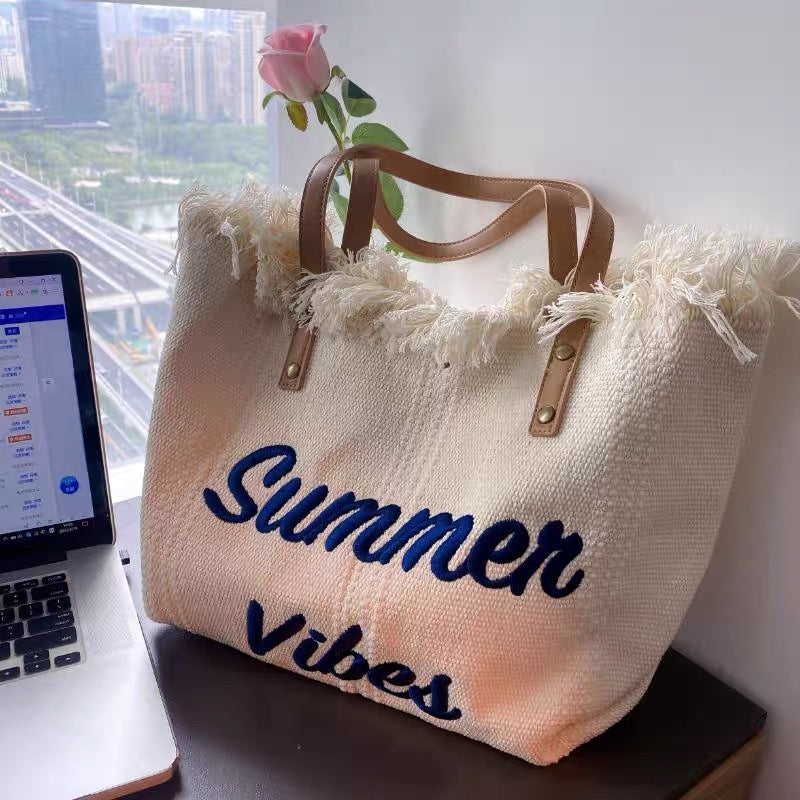 Summer Vibes Beach Tote Bag – Large Tassel Shoulder Bag