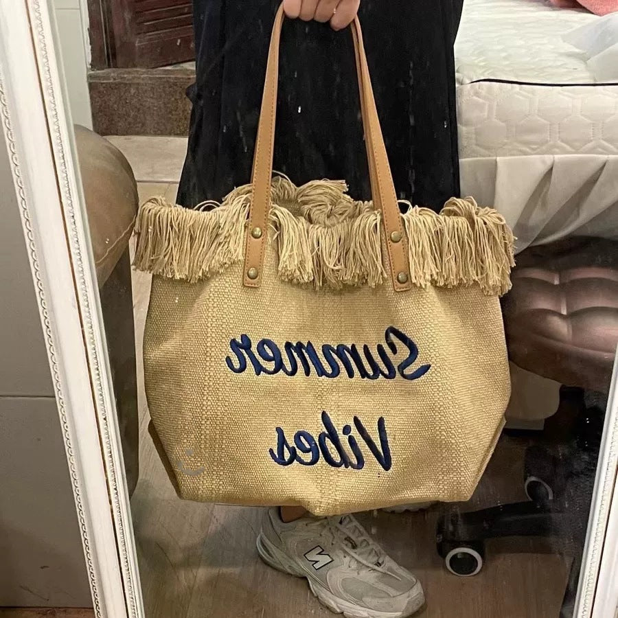 Summer Vibes Beach Tote Bag – Large Tassel Shoulder Bag