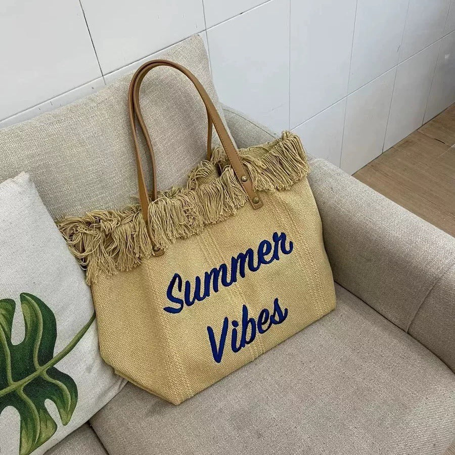 Summer Vibes Beach Tote Bag – Large Tassel Shoulder Bag