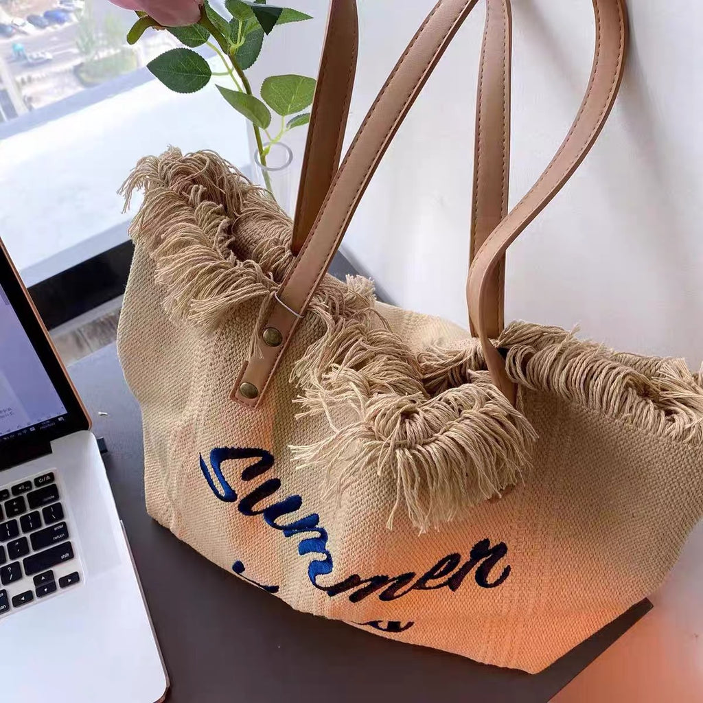 Summer Vibes Beach Tote Bag – Large Tassel Shoulder Bag