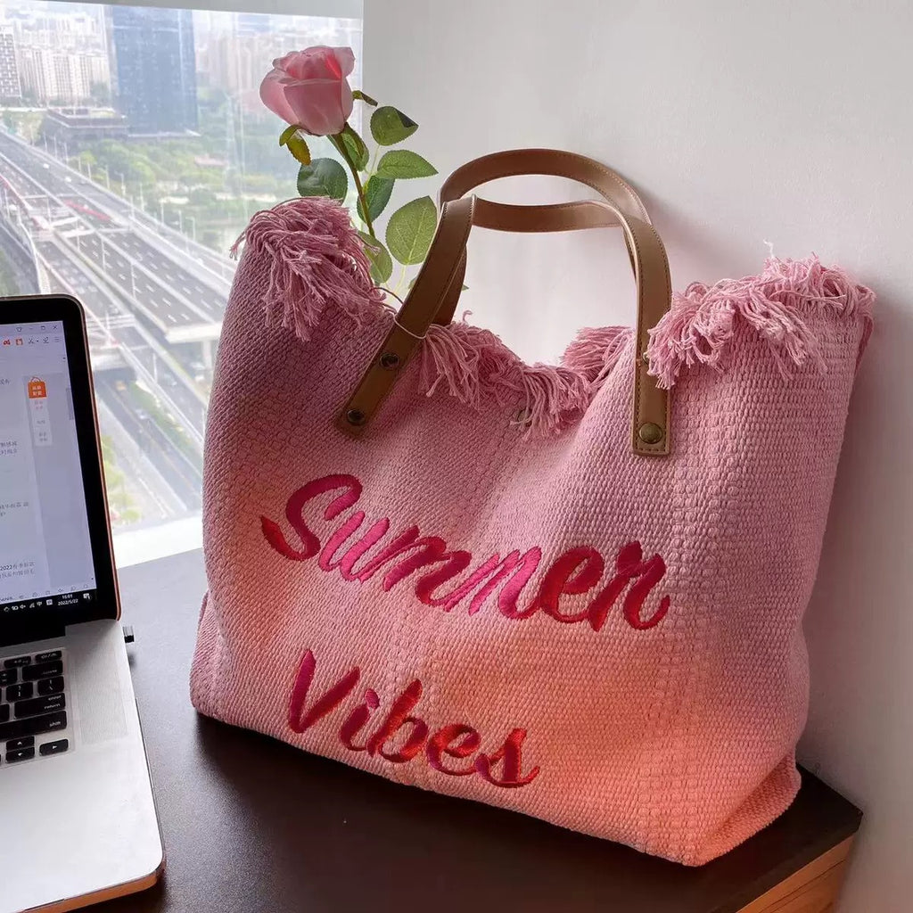Summer Vibes Beach Tote Bag – Large Tassel Shoulder Bag