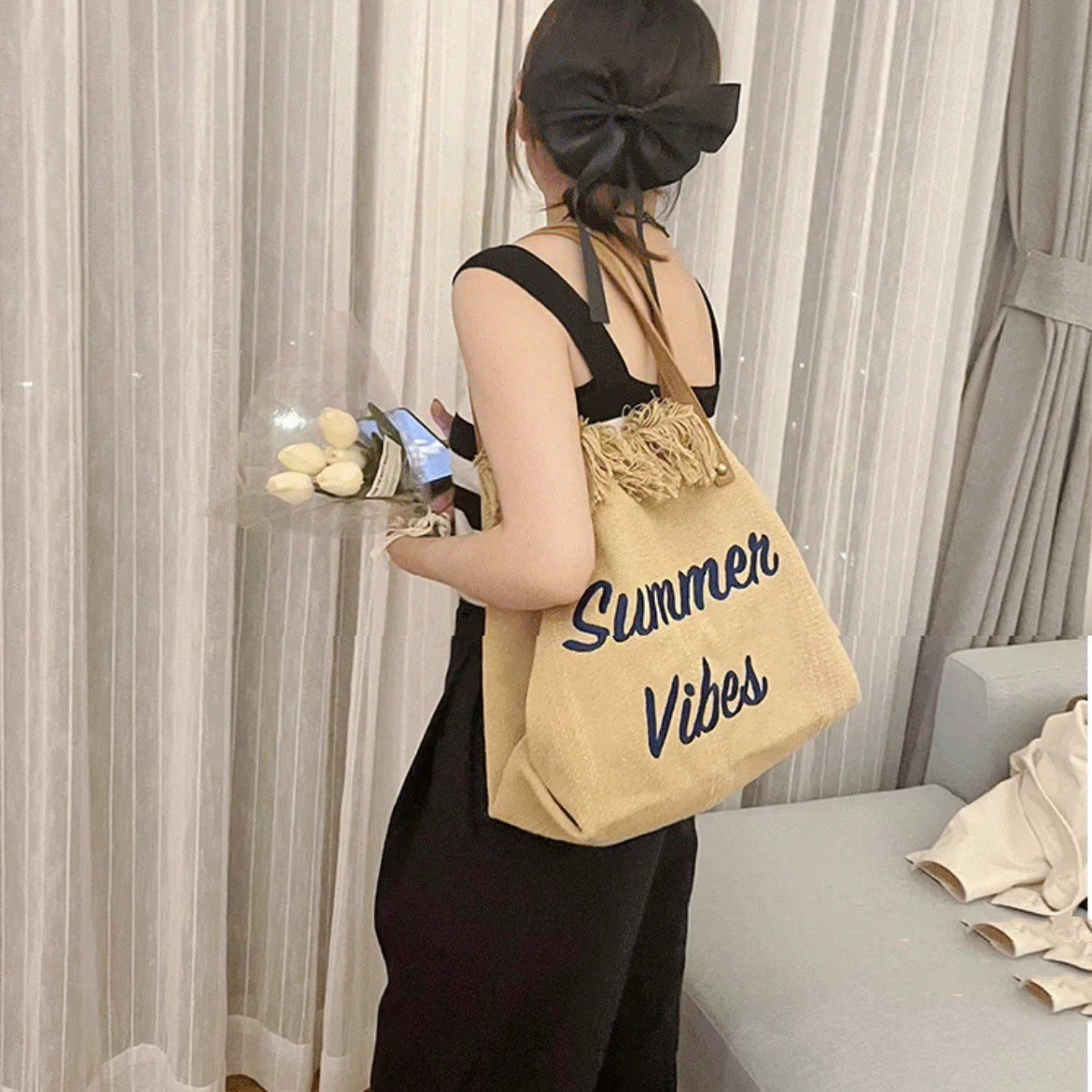 Summer Vibes Beach Tote Bag – Large Tassel Shoulder Bag