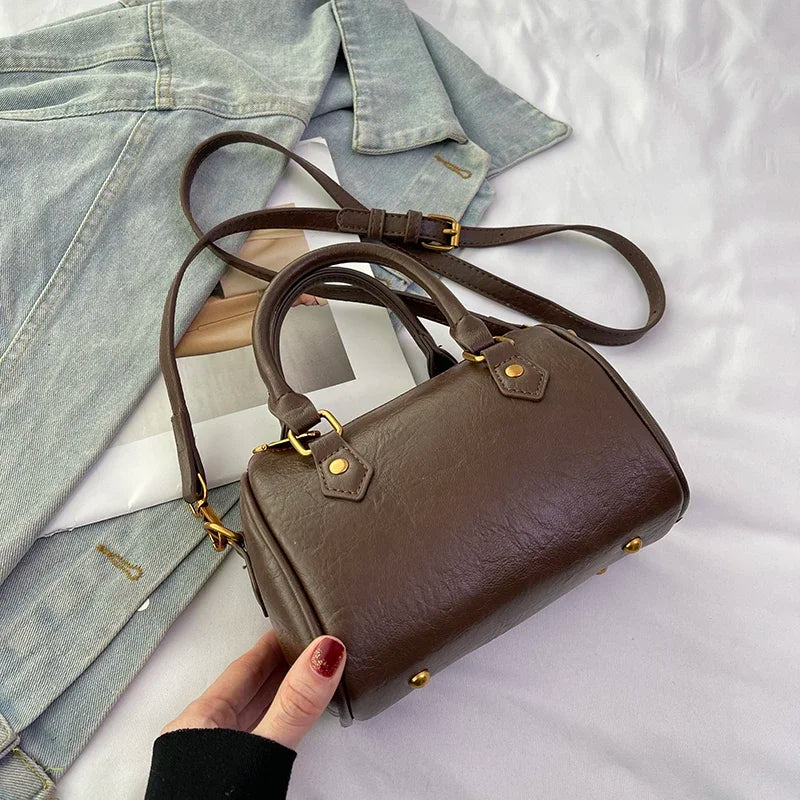 Retro PU Leather Boston Tote Bag for Women – Compact Luxury Shoulder & Crossbody Bag