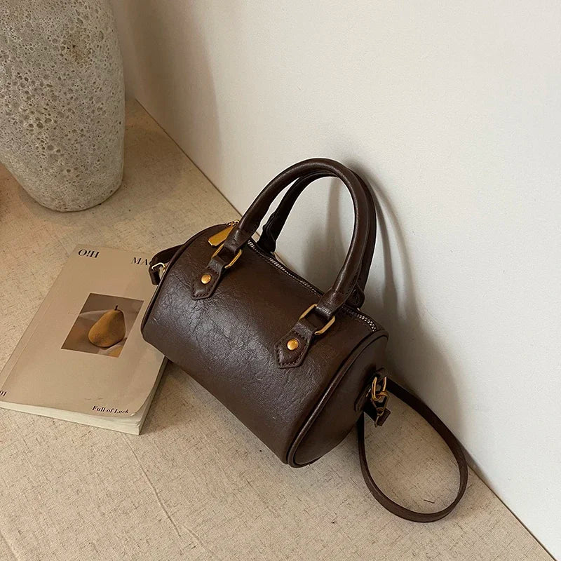 Retro PU Leather Boston Tote Bag for Women – Compact Luxury Shoulder & Crossbody Bag