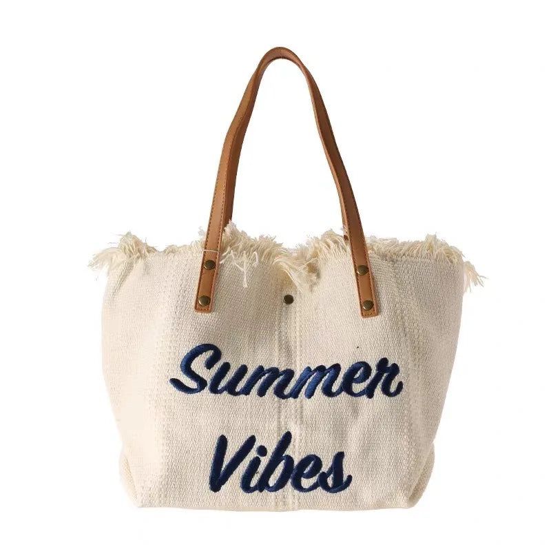 Summer Vibes Beach Tote Bag – Large Tassel Shoulder Bag