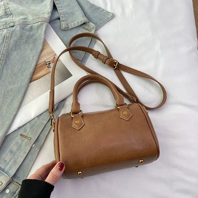 Retro PU Leather Boston Tote Bag for Women – Compact Luxury Shoulder & Crossbody Bag