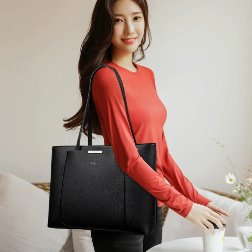 Large Capacity PU Leather Tote Bag for Women – Minimalist Shoulder Handbag for Work & Daily Commute