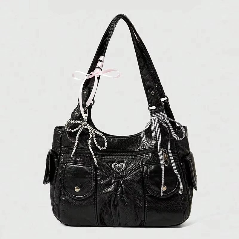 Fashionable Women's Shoulder Handbag with Bow Pendant – Large Capacity Casual Armpit Bag for Work & Shopping