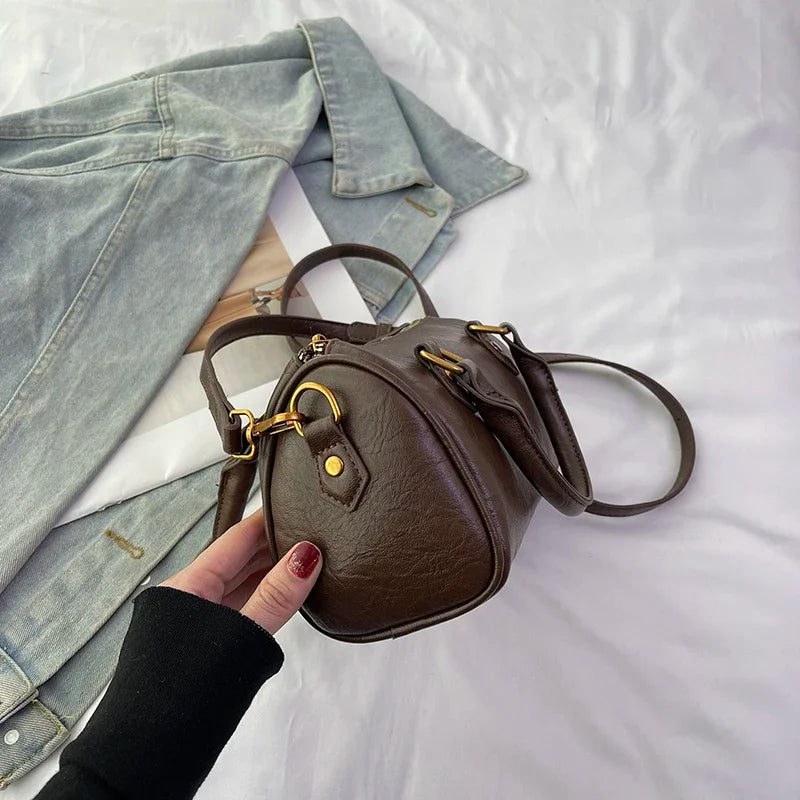 Retro PU Leather Boston Tote Bag for Women – Compact Luxury Shoulder & Crossbody Bag