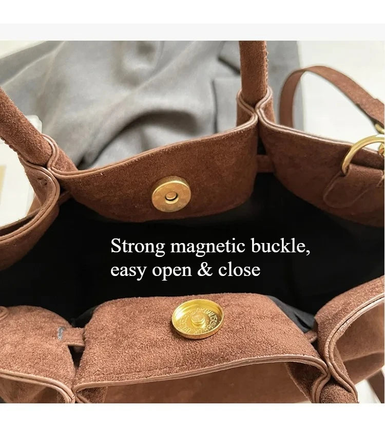 Matte Suede Leather Tote Bag for Women – Large Capacity Retro Shoulder & Crossbody Handbag
