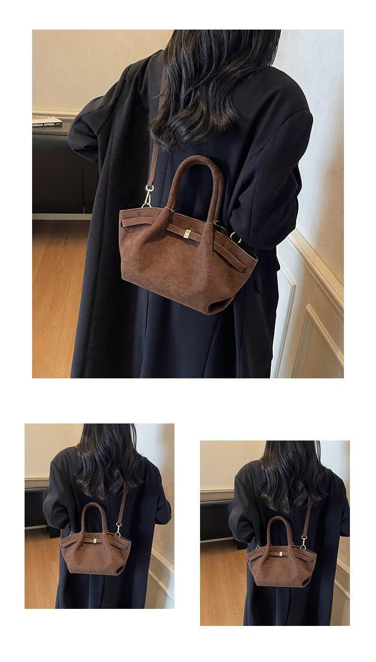 Matte Suede Leather Tote Bag for Women – Large Capacity Retro Shoulder & Crossbody Handbag