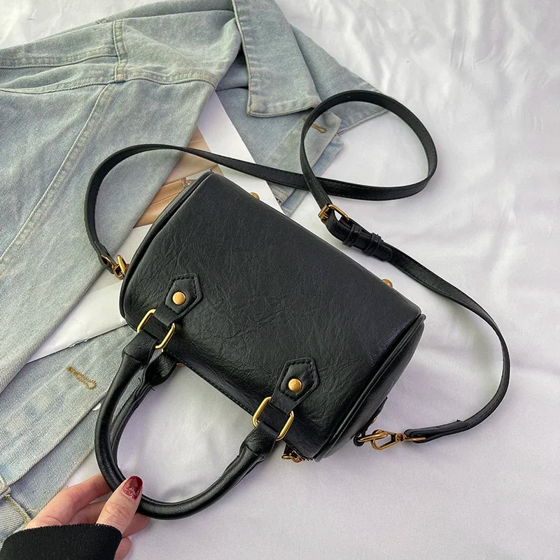 Retro PU Leather Boston Tote Bag for Women – Compact Luxury Shoulder & Crossbody Bag