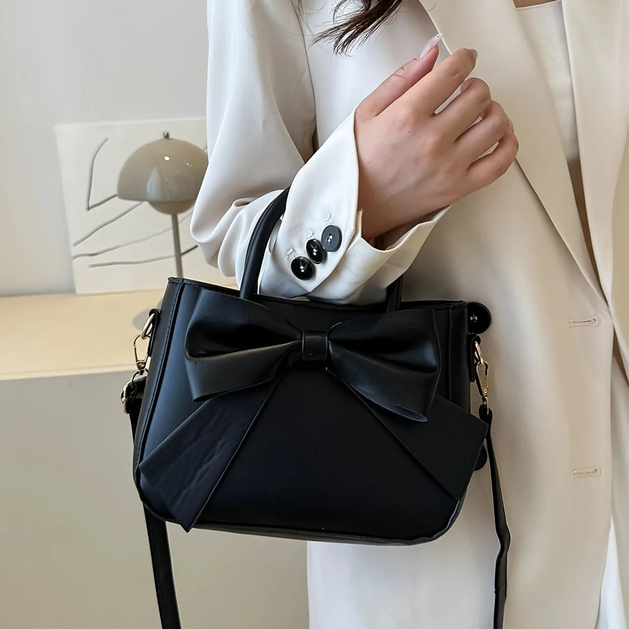 Elegant Bow Detail Handbag – Top Handle & Detachable Shoulder Strap