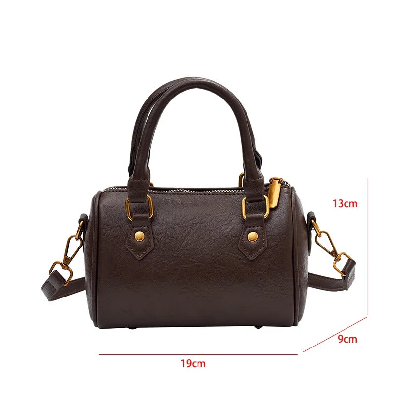 Retro PU Leather Boston Tote Bag for Women – Compact Luxury Shoulder & Crossbody Bag