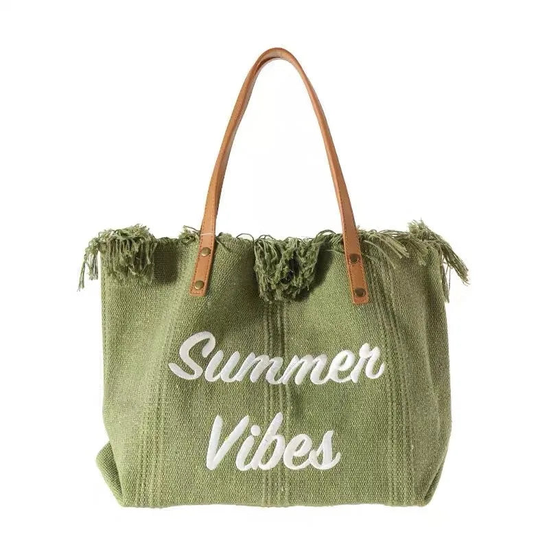Summer Vibes Beach Tote Bag – Large Tassel Shoulder Bag