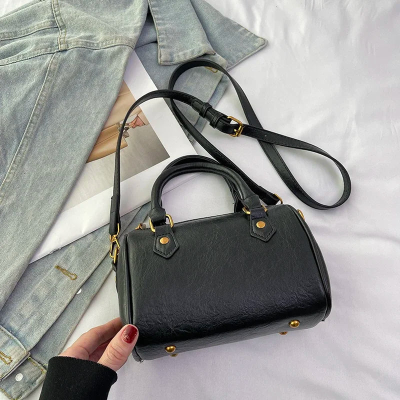 Retro PU Leather Boston Tote Bag for Women – Compact Luxury Shoulder & Crossbody Bag