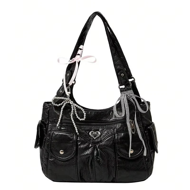 Fashionable Women's Shoulder Handbag with Bow Pendant – Large Capacity Casual Armpit Bag for Work & Shopping