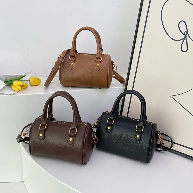 Retro PU Leather Boston Tote Bag for Women – Compact Luxury Shoulder & Crossbody Bag