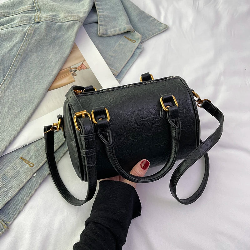 Retro PU Leather Boston Tote Bag for Women – Compact Luxury Shoulder & Crossbody Bag