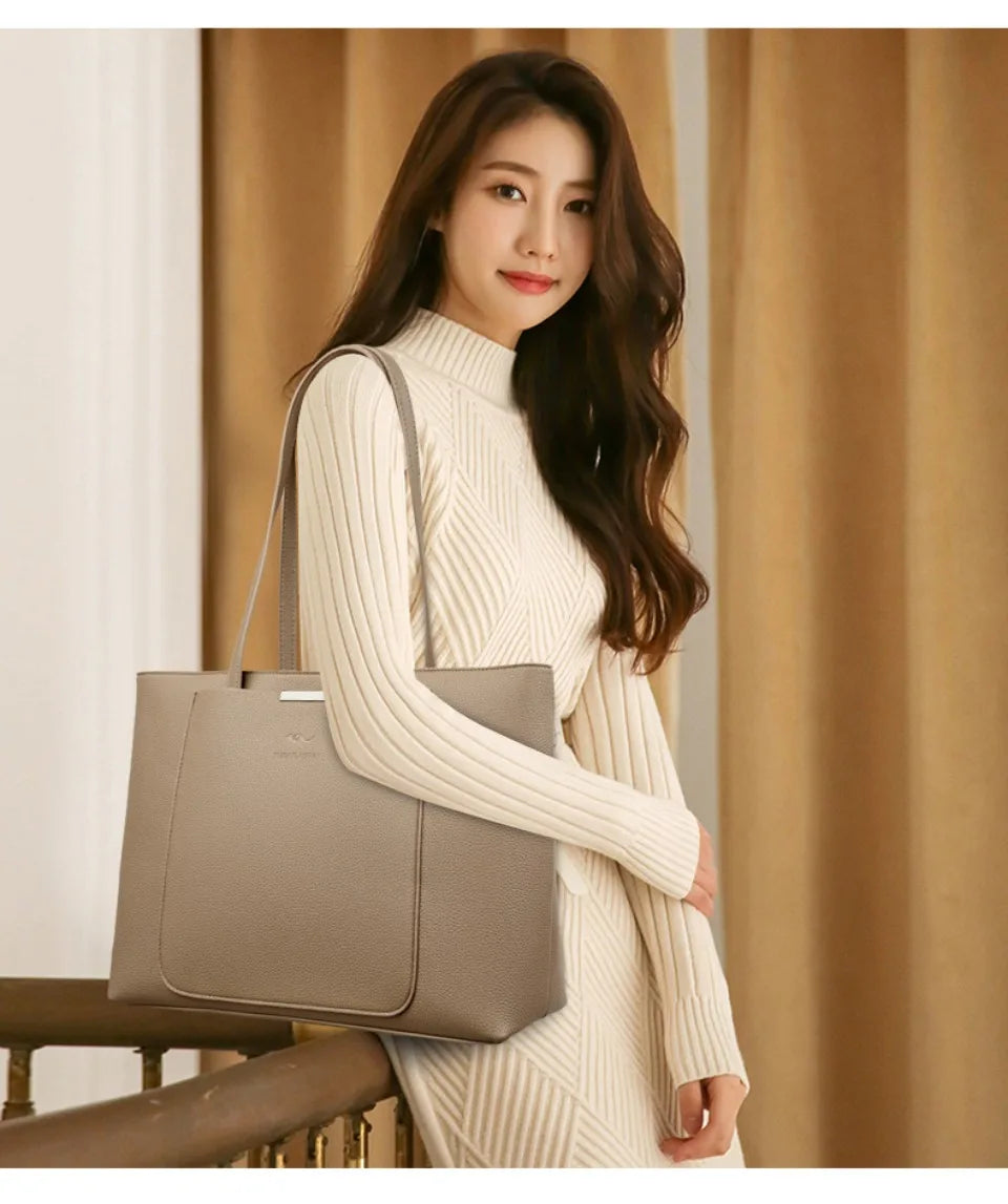 Large Capacity PU Leather Tote Bag for Women – Minimalist Shoulder Handbag for Work & Daily Commute