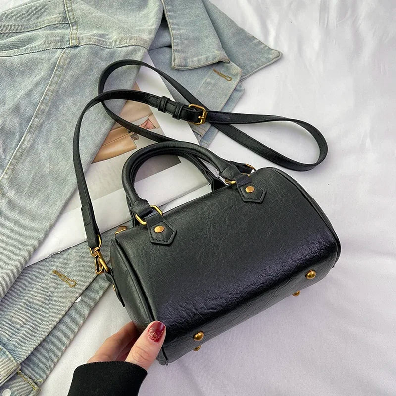 Retro PU Leather Boston Tote Bag for Women – Compact Luxury Shoulder & Crossbody Bag
