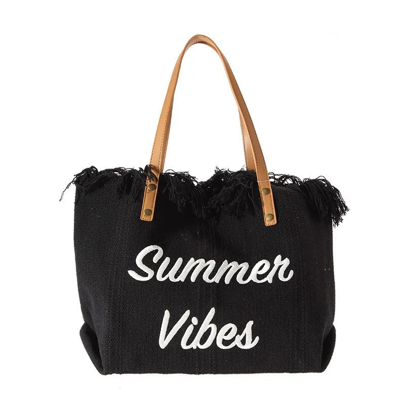 Summer Vibes Beach Tote Bag – Large Tassel Shoulder Bag