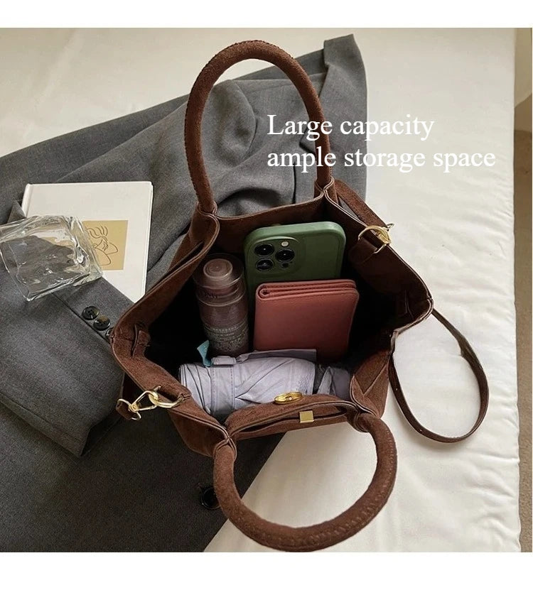 Matte Suede Leather Tote Bag for Women – Large Capacity Retro Shoulder & Crossbody Handbag