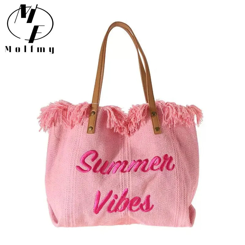 Summer Vibes Beach Tote Bag – Large Tassel Shoulder Bag