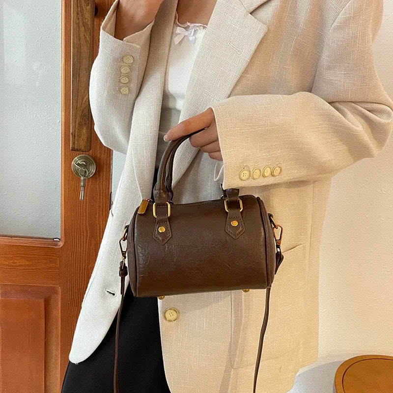 Retro PU Leather Boston Tote Bag for Women – Compact Luxury Shoulder & Crossbody Bag