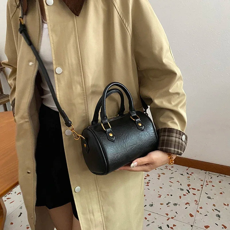 Retro PU Leather Boston Tote Bag for Women – Compact Luxury Shoulder & Crossbody Bag