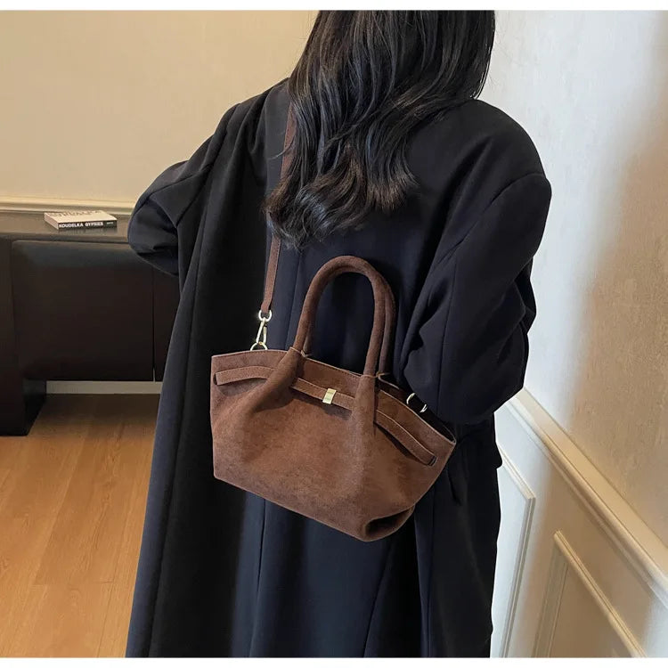 Matte Suede Leather Tote Bag for Women – Large Capacity Retro Shoulder & Crossbody Handbag