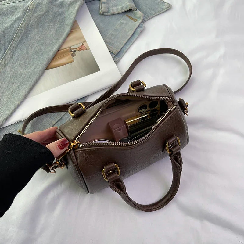 Retro PU Leather Boston Tote Bag for Women – Compact Luxury Shoulder & Crossbody Bag