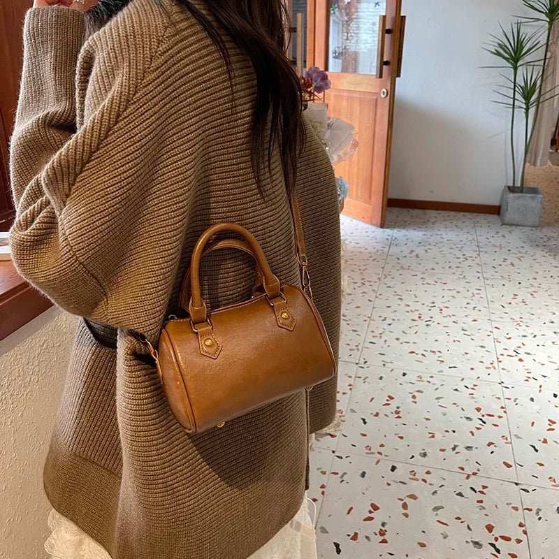 Retro PU Leather Boston Tote Bag for Women – Compact Luxury Shoulder & Crossbody Bag