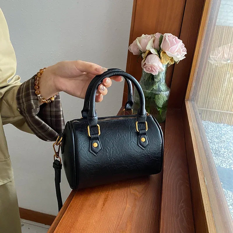 Retro PU Leather Boston Tote Bag for Women – Compact Luxury Shoulder & Crossbody Bag