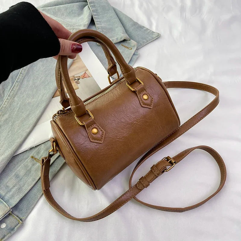 Retro PU Leather Boston Tote Bag for Women – Compact Luxury Shoulder & Crossbody Bag