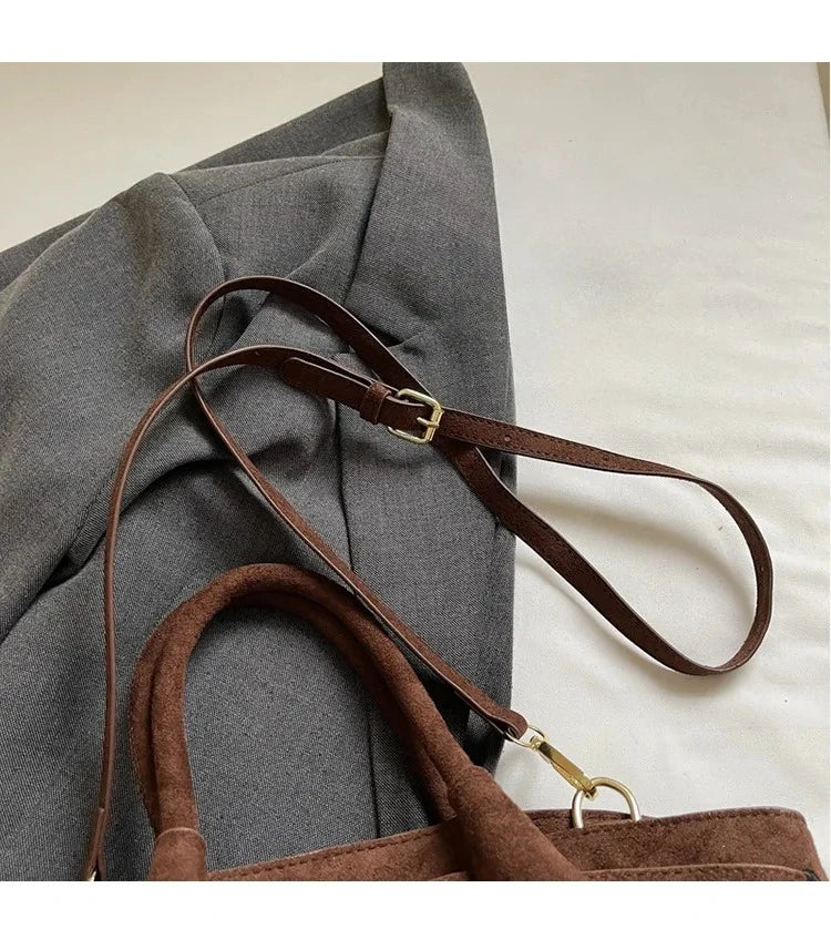 Matte Suede Leather Tote Bag for Women – Large Capacity Retro Shoulder & Crossbody Handbag