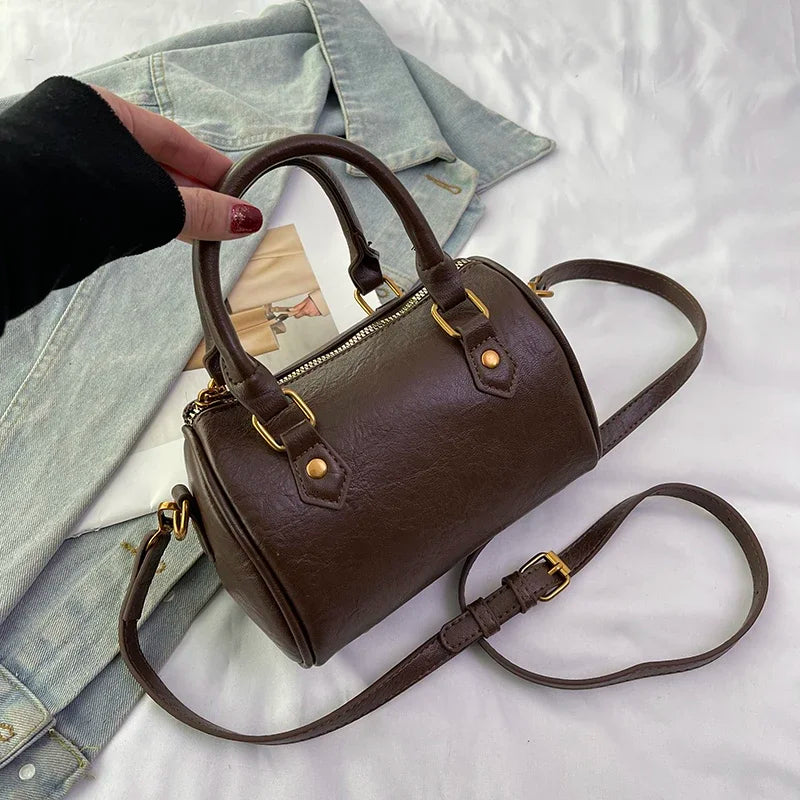 Retro PU Leather Boston Tote Bag for Women – Compact Luxury Shoulder & Crossbody Bag