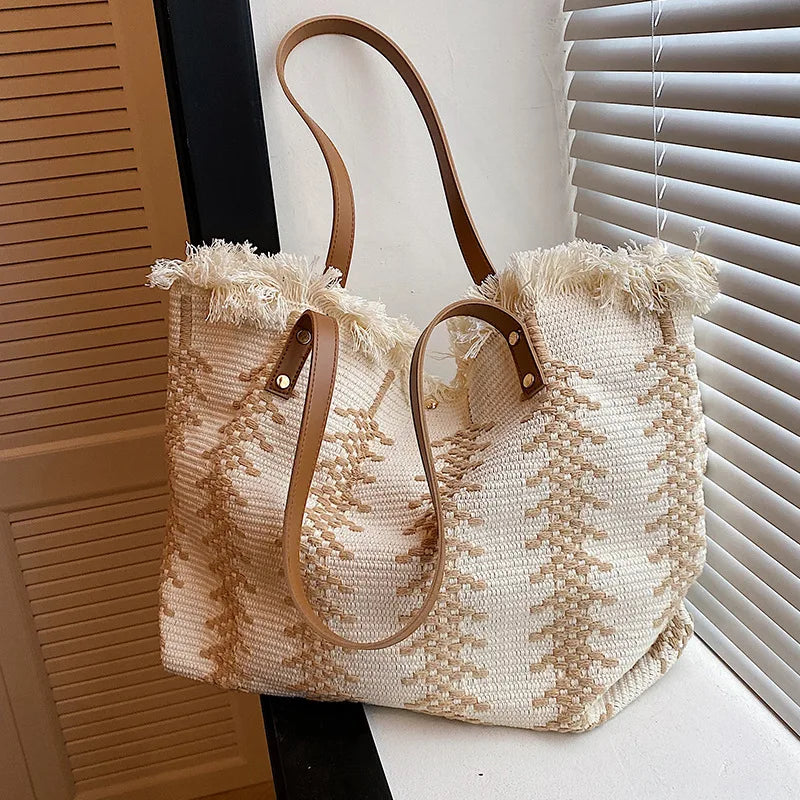 Summer Vibes Beach Tote Bag – Large Tassel Shoulder Bag