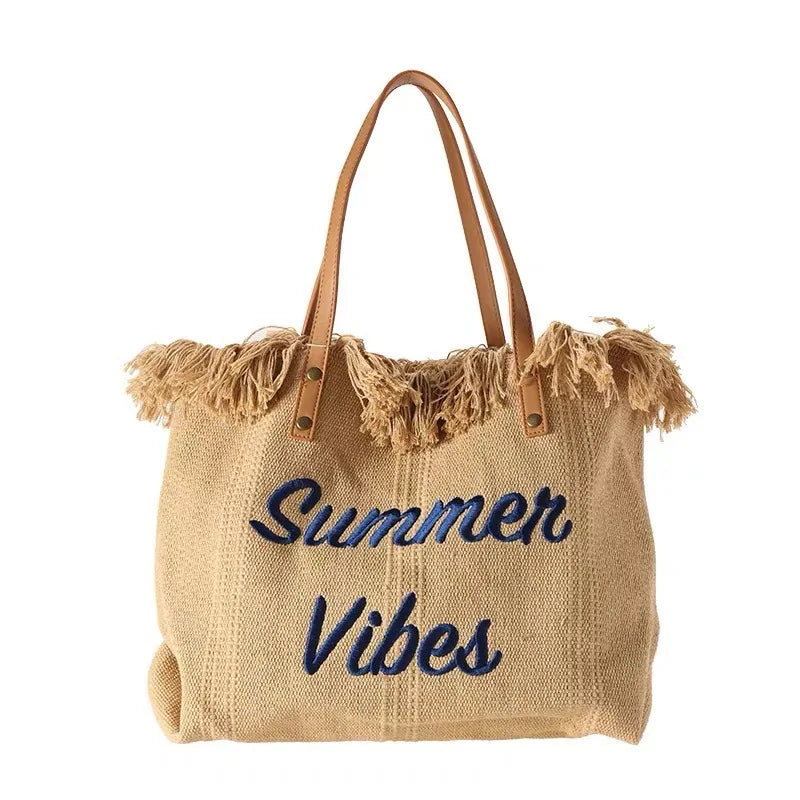 Summer Vibes Beach Tote Bag – Large Tassel Shoulder Bag