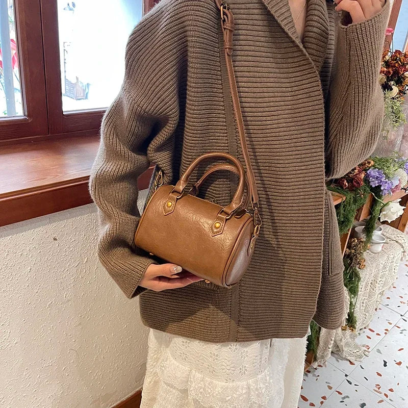 Retro PU Leather Boston Tote Bag for Women – Compact Luxury Shoulder & Crossbody Bag
