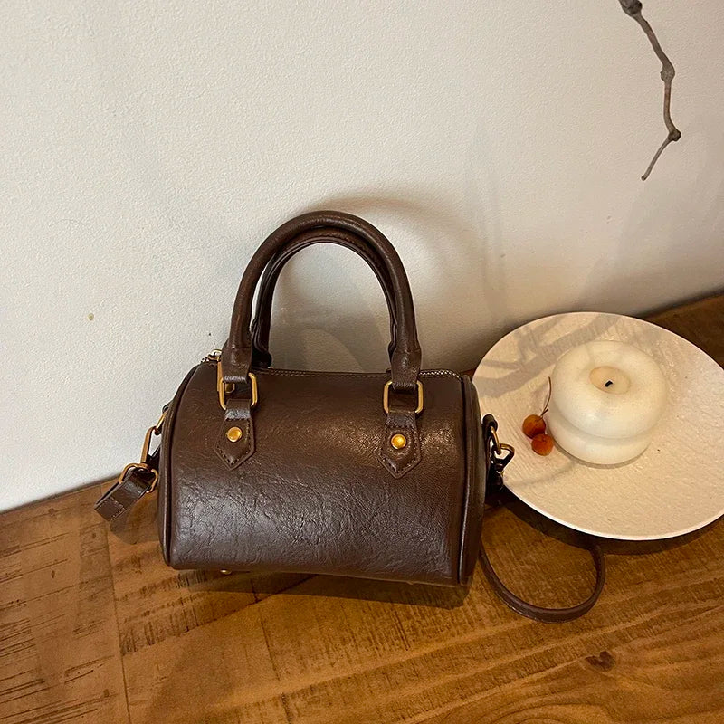 Retro PU Leather Boston Tote Bag for Women – Compact Luxury Shoulder & Crossbody Bag