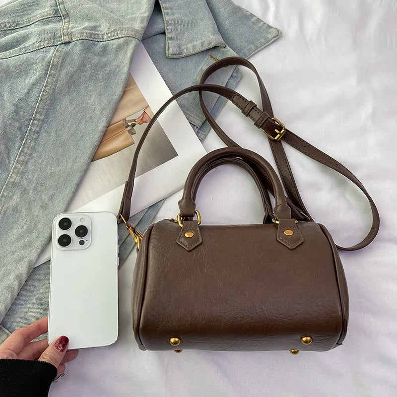 Retro PU Leather Boston Tote Bag for Women – Compact Luxury Shoulder & Crossbody Bag