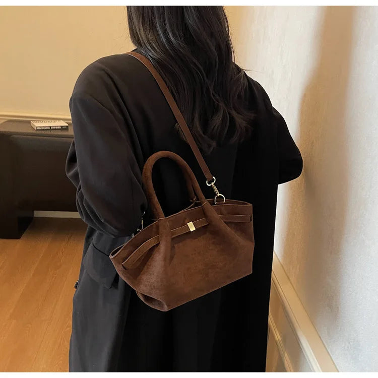 Matte Suede Leather Tote Bag for Women – Large Capacity Retro Shoulder & Crossbody Handbag